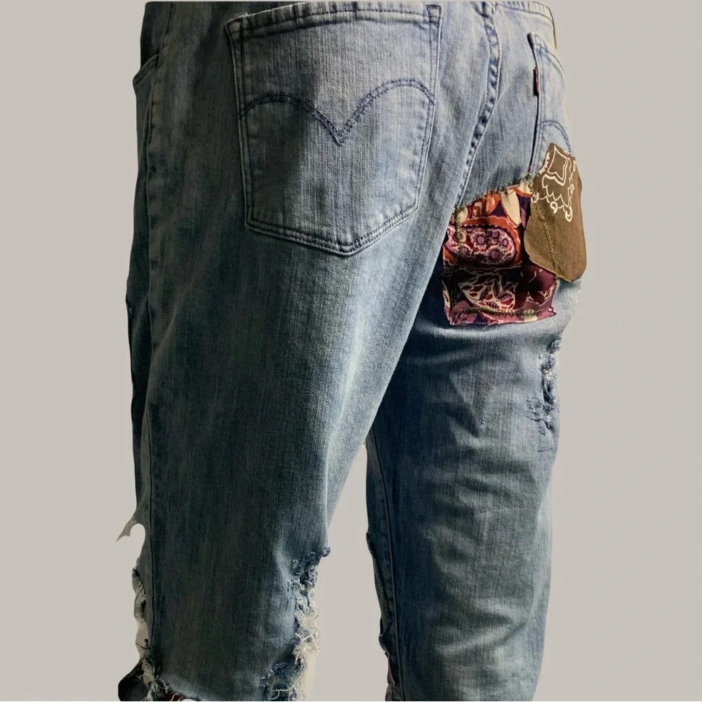 Homemade Patched Up Upcycled Blue Denim Cutoff Shorts - Picture 11 of 13